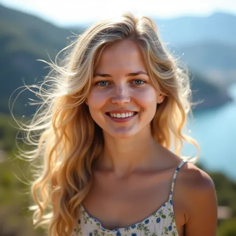 A photo of a young blonde girl. She has long, wavy hair that sparkles in the sun. Her eyes are bright blue and she smiles, showing snow-white teeth. The girl is dressed in a light summer dress that flutters in the wind. The photo is taken against the backg...