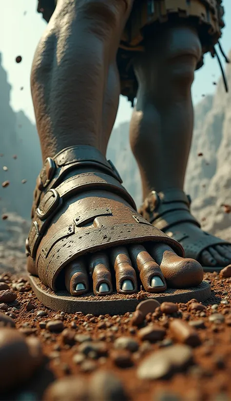 A close-up of Goliath's massive feet, viewed from the ground level as they begin to come down. His feet, clad in heavy, worn sandals, crush the earth beneath them with immense power. The camera focuses on the rough texture of his feet, showing calluses and...