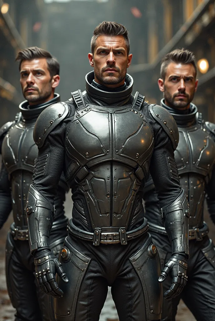 Handsome men, wearing skin tight metal body armor, tubes and hoses, handsome face, codpiece, shiny