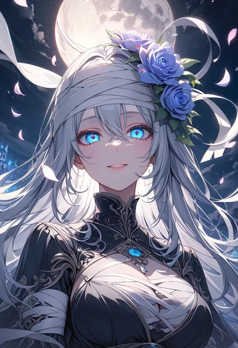 masterpiece, best quality, amazing quality, perfect eye, very aesthetic, absurdres, Iavn, Long hair, light blue eyes, Silver Hair, (Bandages On The Head:1.4), Bperfect eye, 1girl,  large breasts, dynamic angle, (colorful),(finely detailed beautiful eyes an...