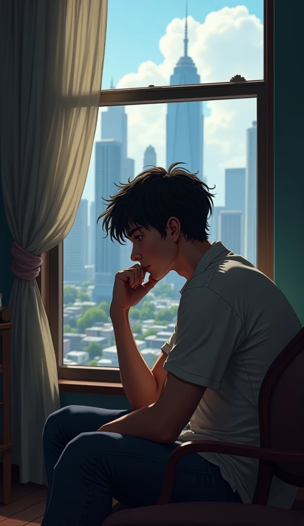 A thoughtful young man sitting by the window, looking outside at a cityscape, imagining the lives of rich people.
