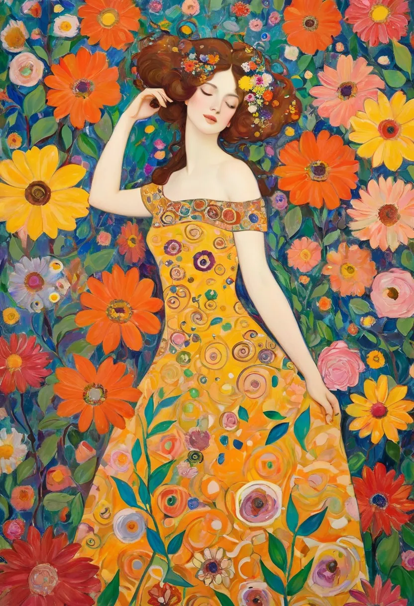 Masterpiece Painting, Feminine Paintings, Klimt pattern, flat art, Picture books, simple crayon drawing,Abstract,  lots of flowers ,