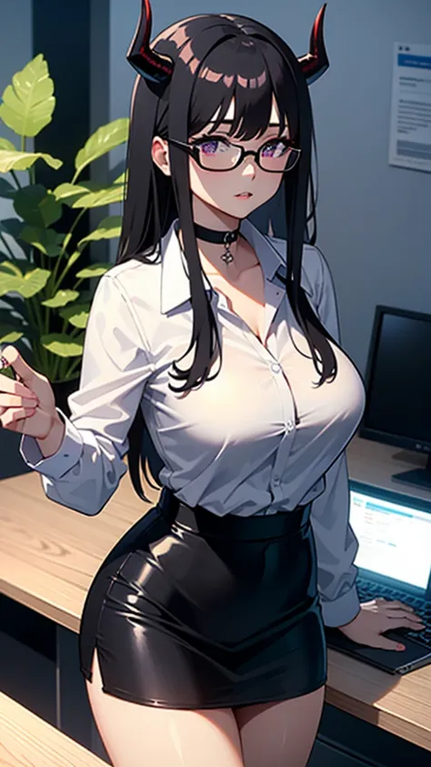 ((masterpiece, the best quality, 4k)), 1 girl, Alone, long hair, black hair, purple eyes, glasses, glasses, ((long sleeve white shirt)),  choker : 1.6,  red bangs, straight hair, boring, big breasts, thick lips, indoors,  cubicle , office,  Plants, compute...