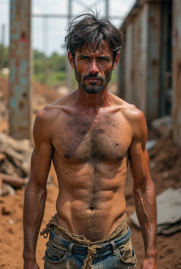 man working on a construction site in the interior of Brazil, all dirty, torn pants, no shirt, with hair on his body, by the abdominals A weathered, exhausted man toils in the sweltering heat of an interior Brazilian construction site, his rugged, sun-kiss...