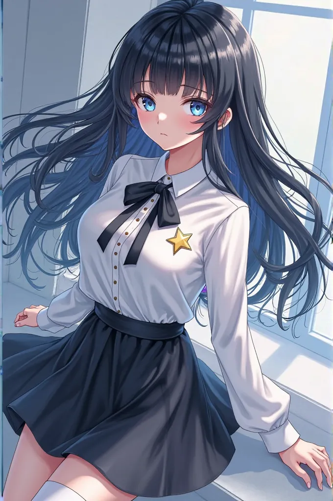 Women, anime style, long black hair, open bangs, black tips, blue-colored eyes, wears an elegant white button down shirt, black ribbon on the shirt, black skirt, wears a star pin, white tights