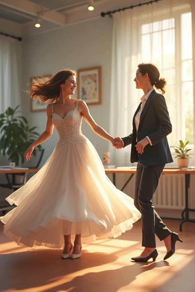 mother wears a wedding dress, spinning slightly while holding the fabric bar. Her expression is one of exaggerated nostalgia and happiness, as a daughter, wears a suit, looks at her with a surprised smile, her eyes twinkling with admiration. The soft light...