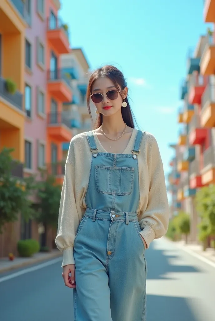 Show fto a beautiful Korean girl with white skin wearing large round earrings pkai necklace colorful hair tied small unique smiling facing towards camera with natural white face Wear sunglasses wearing long cargo jeans skirt denim pkai pocket beautiful dre...