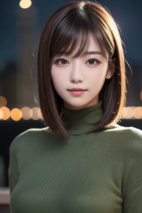 one 19 year old girl, (Dark green turtleneck thin sweater), Raw photo, highest quality, photorealistic, very delicate and beautiful, very detailed, 8K wallpaper, High resolution, soft light, very detailed目と顔, beautifully detailed nose, detailed and beautif...