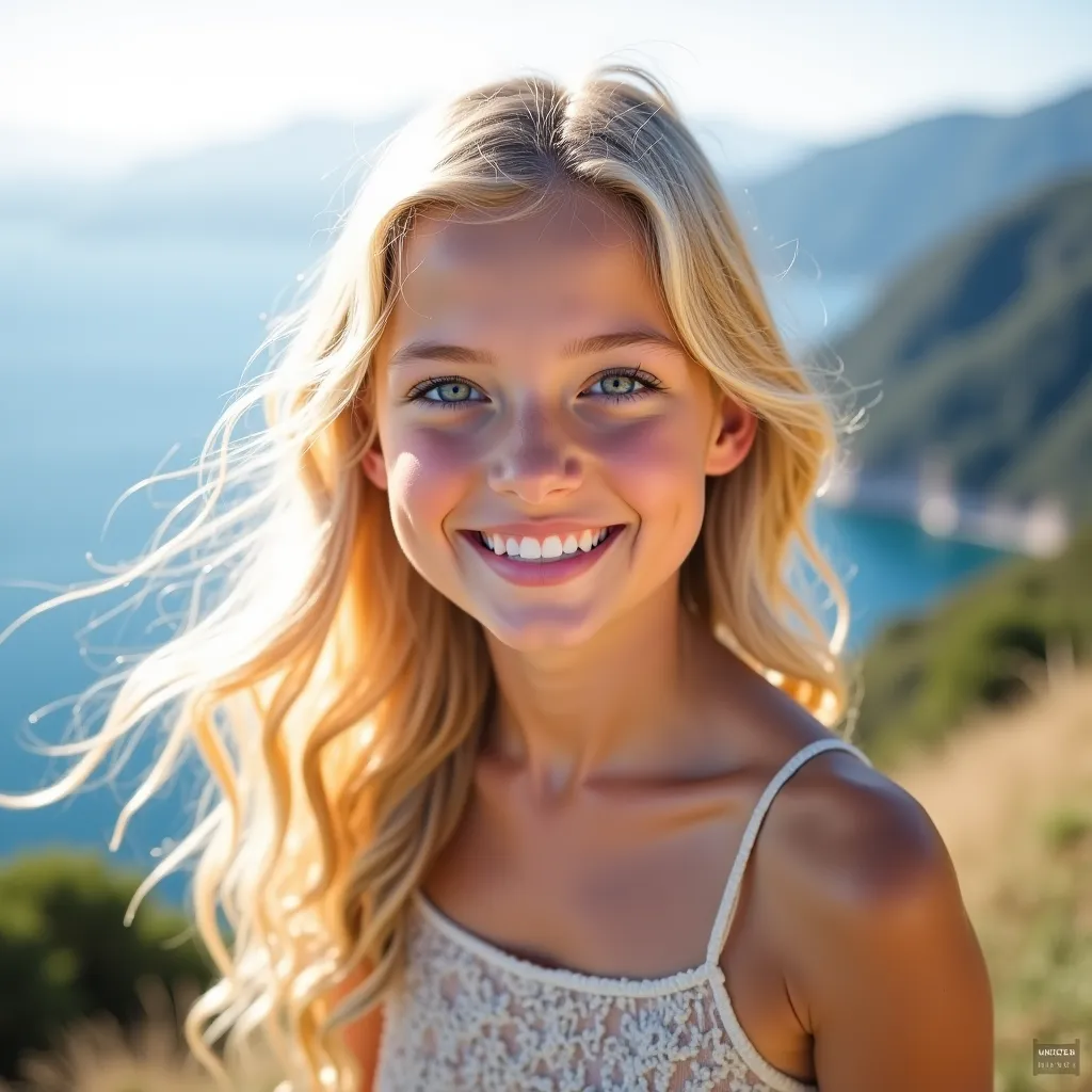 A photo of a young blonde woman. She has long, wavy hair that sparkles in the sun. Her eyes are bright blue and she smiles, showing snow-white teeth. The girl is dressed in a light summer dress that flutters in the wind. The photo is taken against the back...