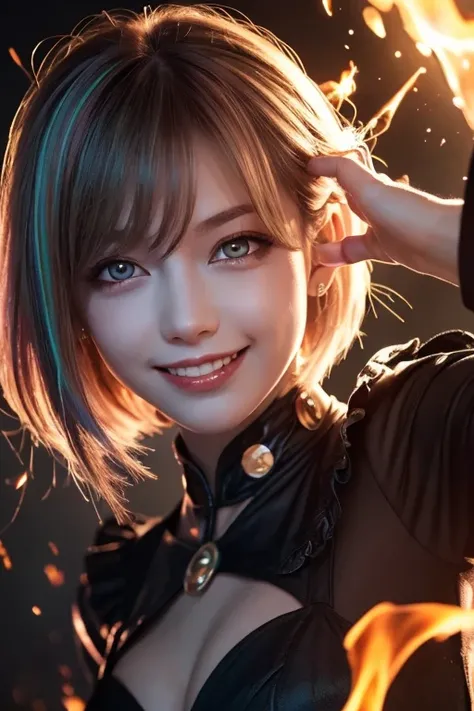  1 girl,  flying hair,  red eyes, Fire Witch , Blood on face,  Light Particles , Lightning rays,  wallpaper,  colorful,  high contrast , ,  smirking ,  , psychopathic  smirking ,  Psychopath Smile ,  tilting your head 