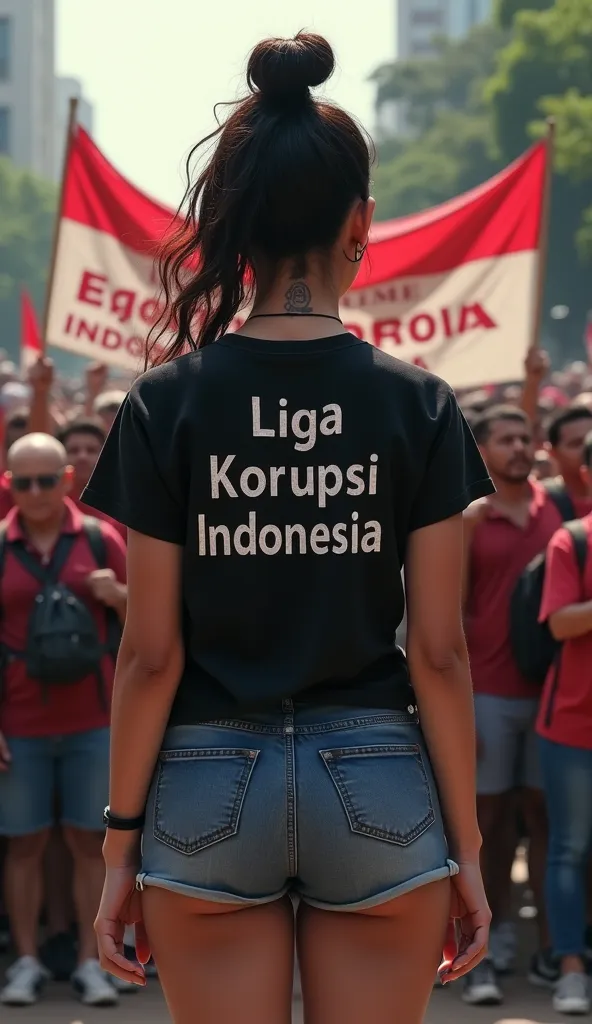 A mock-up of a plain black T-shirt, shown from the back, worn by a female model. She has thick thighs and is wearing tight mini shorts. A tattoo is visible on the back of her neck. The background features a large crowd of people protesting, holding big ban...