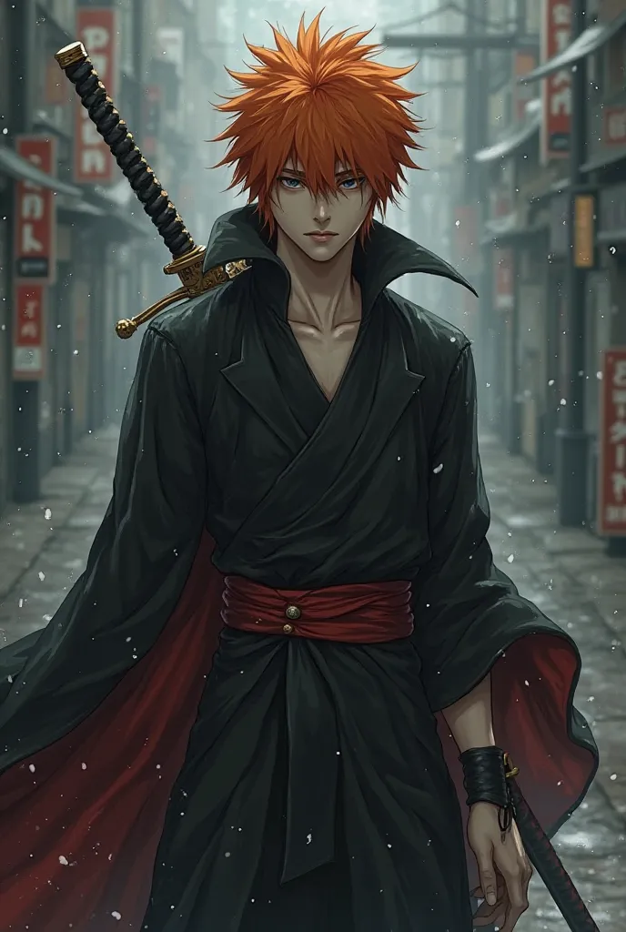 I would like you to create an image with the following characteristics:

         • Name of the character : [Ichigo Kurosaki]

        • Description of the clothes: [Shinigami Standard Clothing]

        • Imagined Object: [Zangetsu sword, A Zanpakutou]

 ...