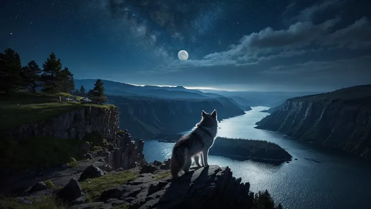 A majestic wolf sits on a high rocky cliff in the bottom center of the image, gazing at the large glowing full moon in the night sky. The wolf is facing directly away from the viewer, so its face is not visible. The landscape beyond the cliff stretches int...