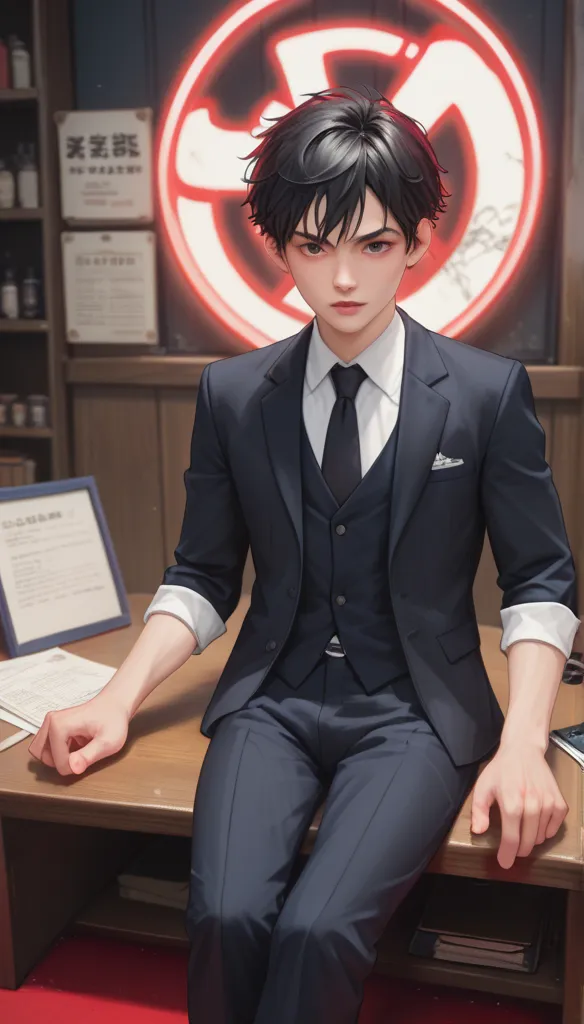 tall, slender young man、 black hair、 sharp eyes、Black luxury suit、Sitting directly on a gothic desk、 neon sign for the 、There are no chairs、Long and narrow room、 red carpet、 Proximity Method、High Resolution, anatomically correct, accurate, highest quality,...