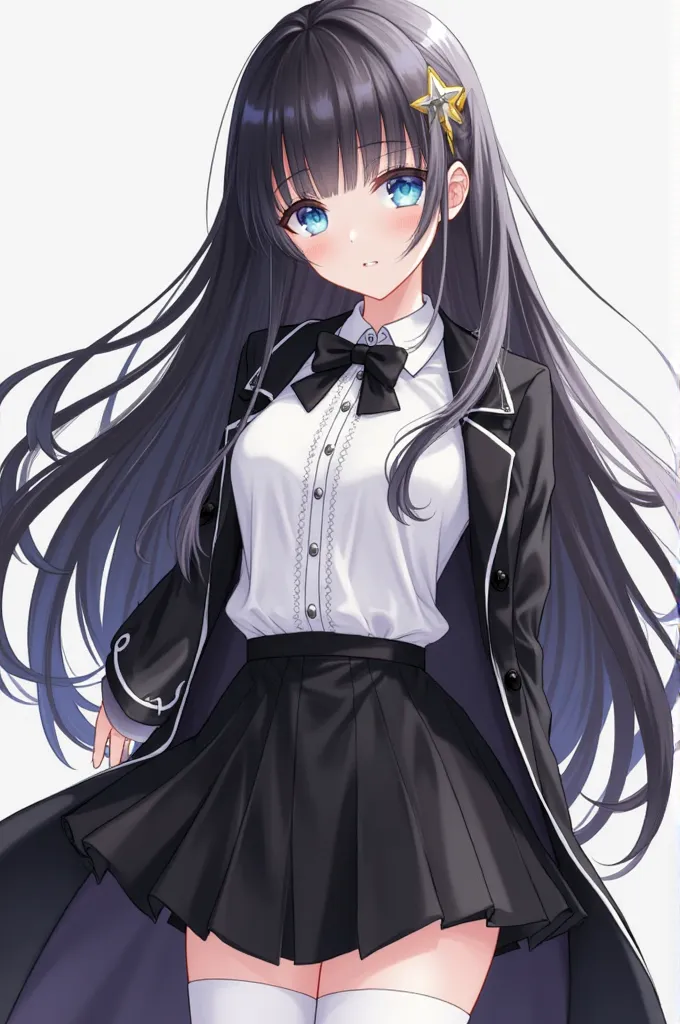 Women, anime style, long black hair, open bangs, black tips, blue-colored eyes, she is wearing an elegant white button down shirt, black bow on the shirt, She has a button coat on, black skirt, she wears a star clip in her hair, white tights