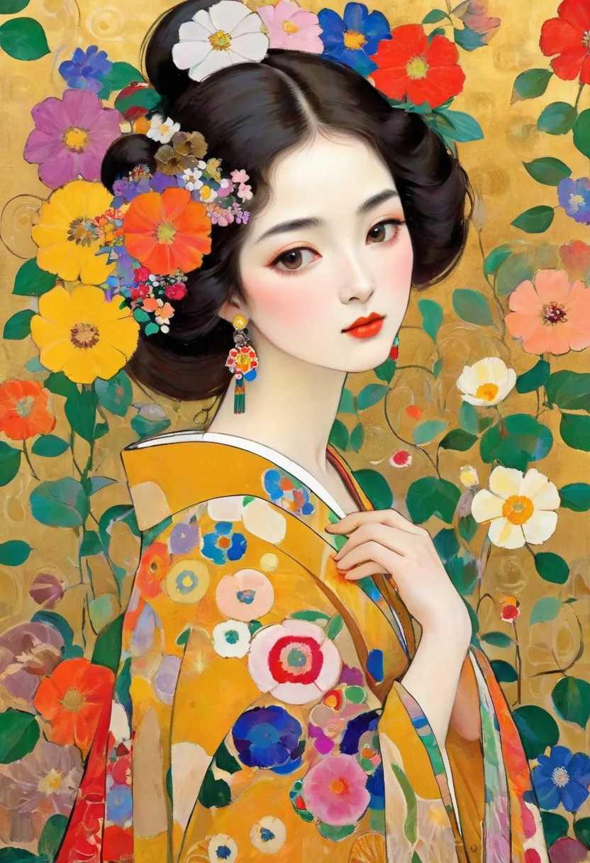 Masterpiece painting Klimt pattern, flat art, Picture books, simple crayon drawing,Abstract,  lots of flowers , Japanese woman illustrated,