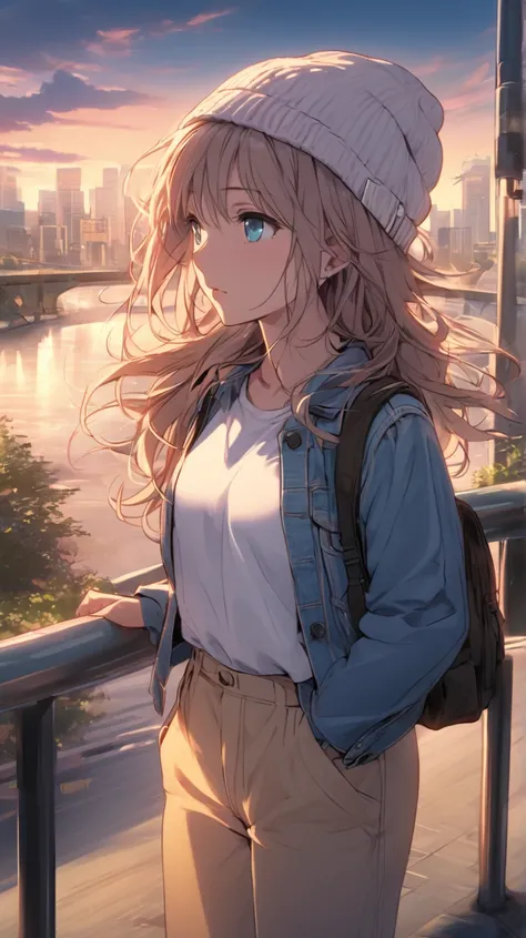 ((best quality)), ((masterpiece)), ( details), A age girl wearing a denim jacket over a simple white T-shirt, paired with beige wide pants and sneakers. She stands on a pedestrian bridge, gazing into the distance as the soft spring breeze tousles her hair....