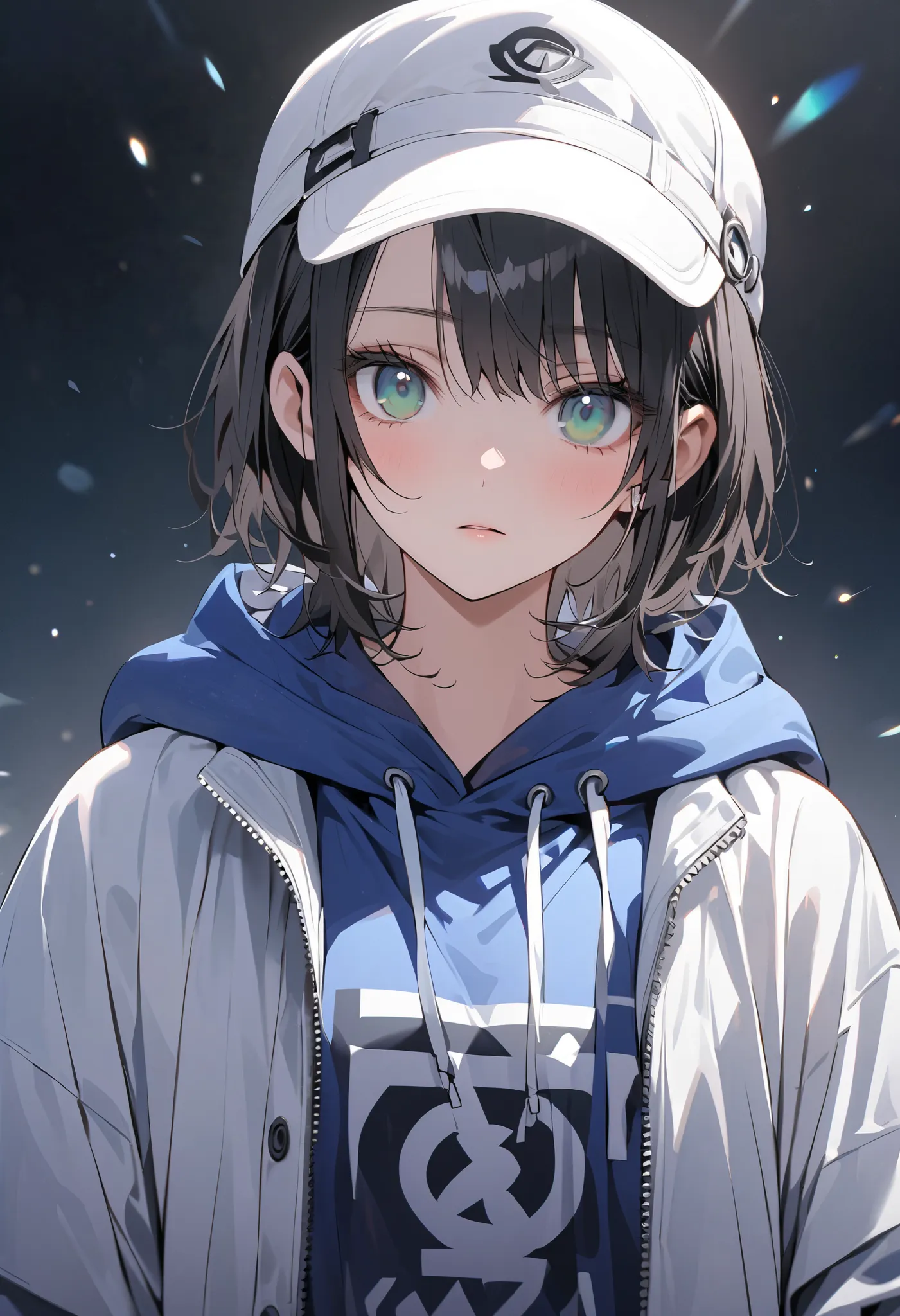 1 woman wearing a white jacket over a blue hoodie、mature、White Cap、 sporty when ready、simple fashion、((White Cap))、simple background, {   white skin}, ((Beautiful short black hair)), (short hair)、 disheveled hair、dark blue hoodie、expressive  ,(( Blue-green...