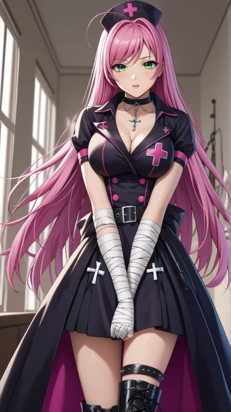 normal moka akashiya, long hair, green eyes, pink hair, ahoge,large breasts, black gothic lolita nurse style with many bandaged on limbs,elegant luster of black silk, made of black silk nurse costume, uniform black costume,(dressing roll-bandages around li...