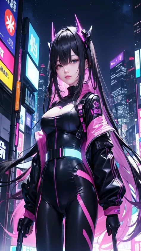 16～20-year-old female character。carrying a weapon such as a handgun。She has been a long time, Silky black hair and dark eyes.、Clear physical abnormalities and breasts about the size of a G cup。Has piercings in both ears。and wears clothes designed to blend ...