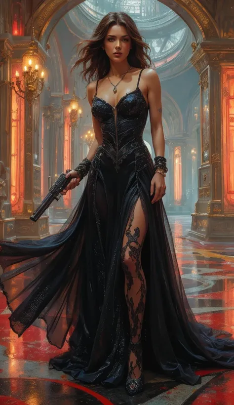 Full body in a ballroom gown, unique beauty, on a space station, a villain against James Bond, weapon in hand, action pose with weapon, watercolor or oil painting poster pin-up art nouveau style Drew Struzan movie poster style pinup poster, action movie ((...