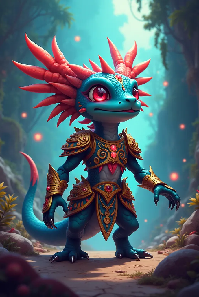 Alta calidad, cartoon style A combination of a dragon with axolotl factions that wears pre-Hispanic armor from the underworld forming 
