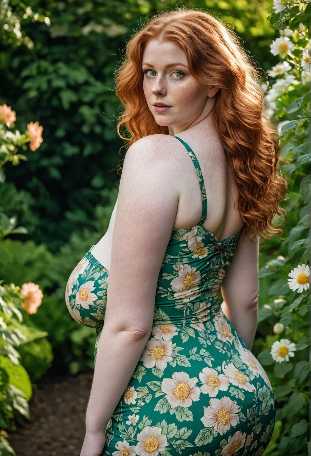 Beautiful Chubby Woman standing in the garden, 35, Aesthetic artwork, irish redhead, wavy ginger hair, shoulder length ginger hair, (green eyes), some small freckles, pale skin, (giant breasts), curvy body, detailed skin texture, (extremely detailed 8k wal...