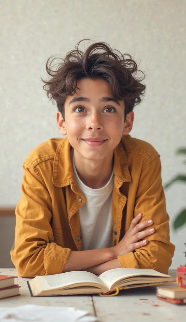 A young man looking curious, leaning forward with an eager expression, ready to learn.
