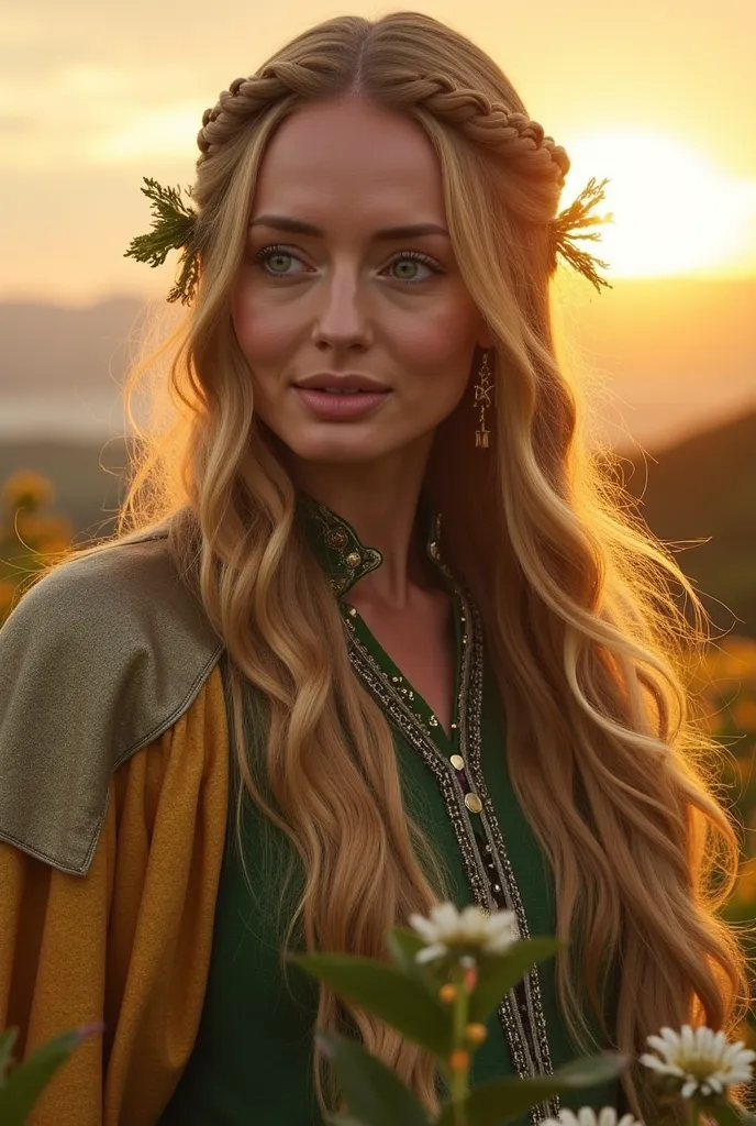 KATHRYN NEWTON Elf Warrior, Long wavy blonde hair,  holding a flower, green eyes, Gold and silver green cape, portraits, looking straight ahead,  a flower in her hair  ,a braid in your hair, beautiful landscape in the background,  sunset in the background 