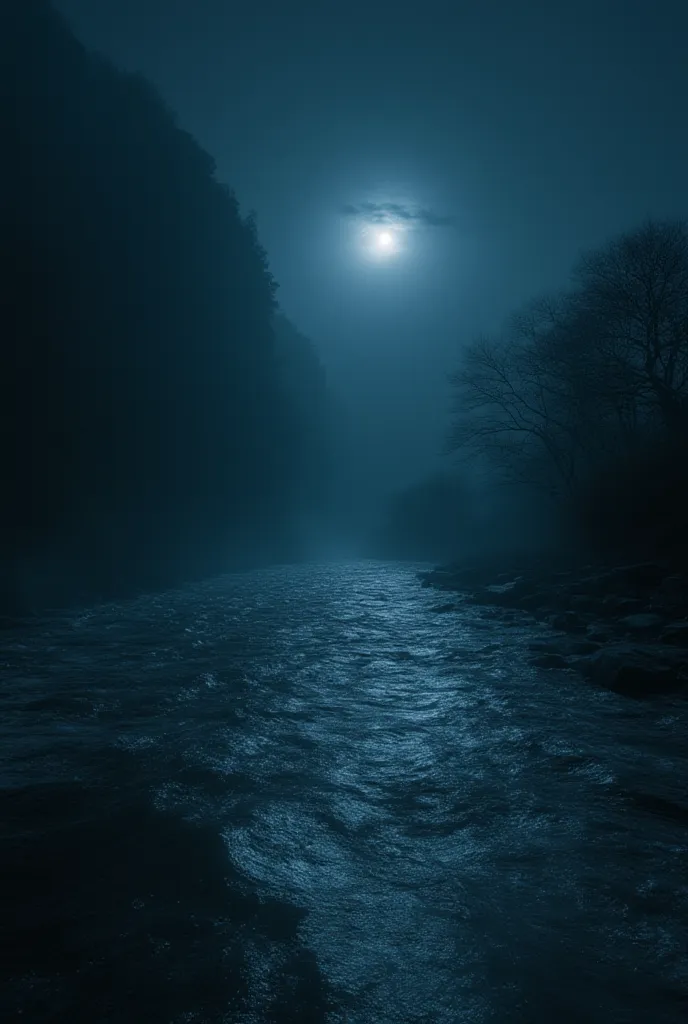 A dark, misty Scottish river at night. The once calm water suddenly churns violently, as if something powerful is emerging from beneath. The surface ripples unnaturally, creating eerie patterns. The moonlight barely reflects off the turbulent water, adding...