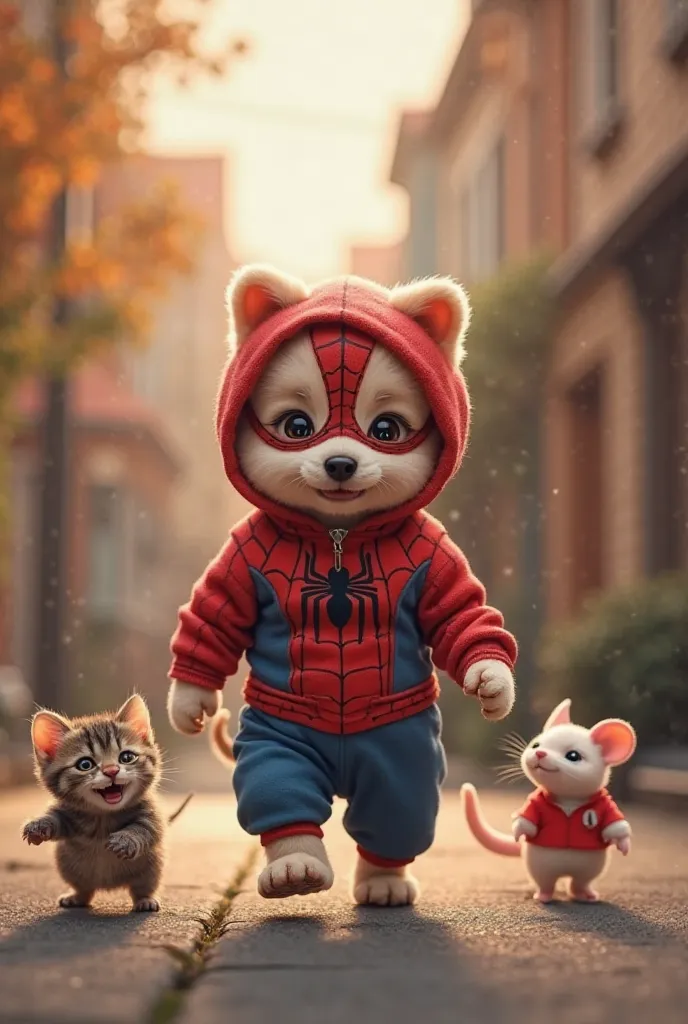 "A small dog,cat and rat walking confidently on a quiet street, wearing a detailed Spider-Man costume, complete with a tiny mask and web patterns. The background features a cozy neighborhood with warm lighting, creating a playful and heartwarming scene. Th...