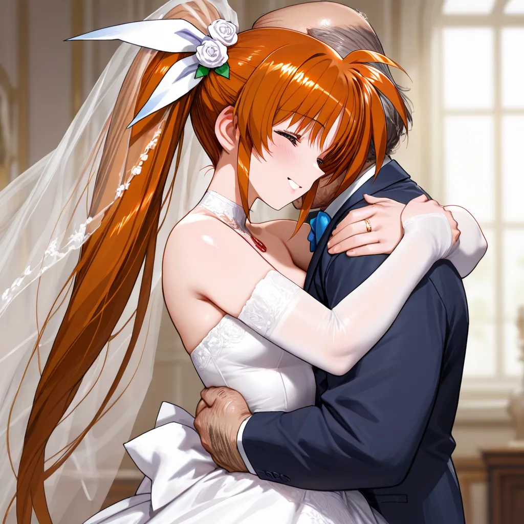 ((highest quality)), ((masterpiece)), (details), （perfect face）、Nanoha Takamachi, who has excellent proportions, has a gentle smile, wears a gorgeous pure white brown wedding dress, is dressed with gorgeous jewelry accessories, and has a wedding at a gorge...