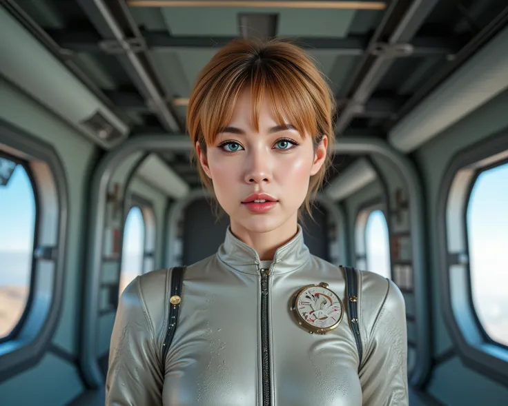 Futuristic Space Voyage Image, subject is a unique female character, modeling pose, short tousled light auburn hair with highlights, ice-blue eyes in a perfect almond shape, evocative makeup, false eyelashes, stylish eye liner, smoky eye shadow, arched eye...
