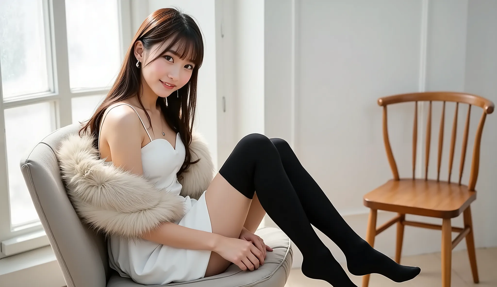 In that image 、I see a young woman on a chair in a room with white walls and wooden chairs.  She's wearing a white dress 、Wearing a fur stole over her body、I'm wearing thigh-length black socks. Her legs are extended forward、 smile、highest quality、Perfect b...