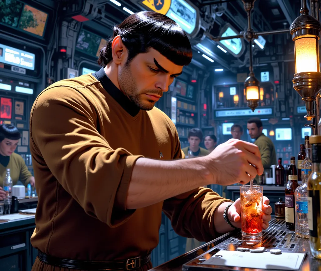 Star Trek, Male, Vulcan, Bartender, heavy set, ponytail, short neat beard, mixing a drink in a futuristic looking bar, wearing simple brown robes, in anime style