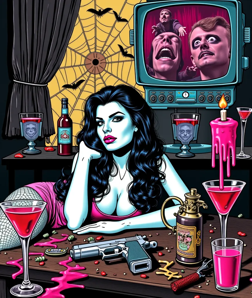 Pulp and psychobilly. The scene has a retro and macabre look, inspired by vintage horror and B-movie.

 in the center, a woman with pale skin and long wavy black hair is lying face down on a messy table,  resting on her elbows . } She wears a low-cut pink ...