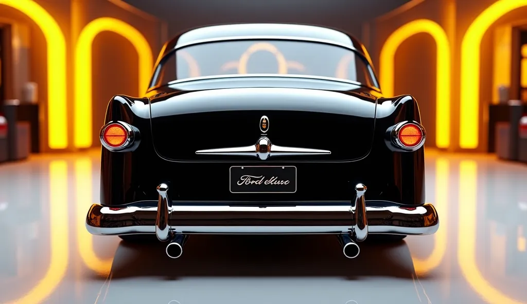 create an ultra-detailed 3D render close front bumper view , of a modern 1950 Ford Custom Deluxe with a bold design captured from straight front and side bumper view. The car should feature a ' glossy black' exterior with a Fordlogo on its back, a n ultra ...