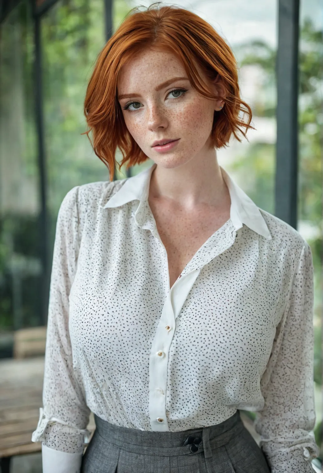 Girl , Red-Haired , freckles , shy short hair , very large breasts , wears a blouse, Blouse buttoned up to the top, visible buttons on the blouse, adult ,Sleeve style suit