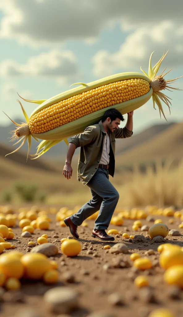 dynamic angle, a miniature man carrying an ear of corn on his shoulder