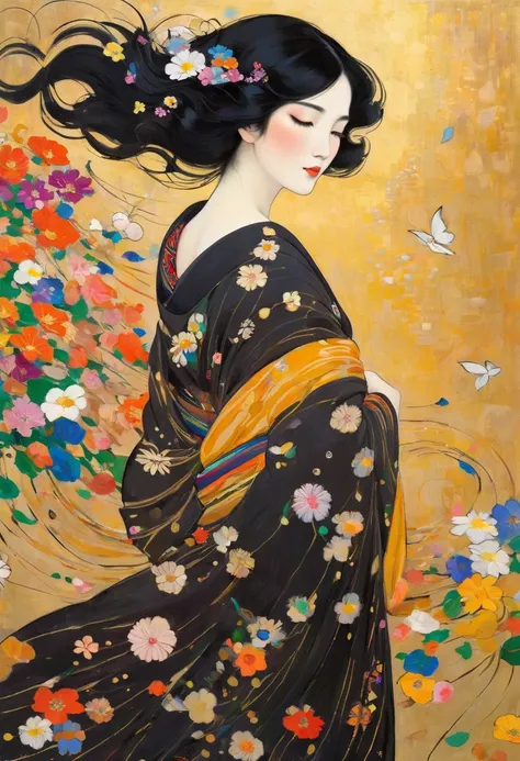 Masterpiece painting Klimt pattern, flat art, Picture books, simple crayon drawing,Abstract,  lots of flowers , illustration, Middle-aged Japanese woman with black hair wobbly in the wind, petals fluttering in the wind,