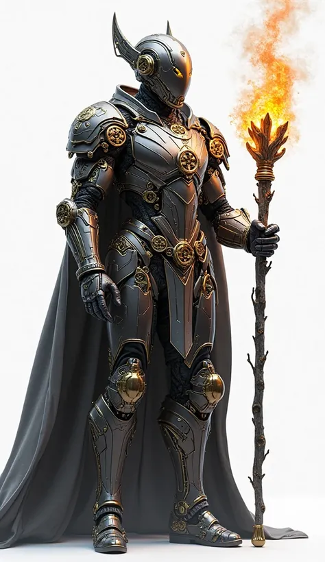 A mage wearing armor, a cape and a high tech full faced helmet, holding a staff. steampunk style, full body, white background. No front flap