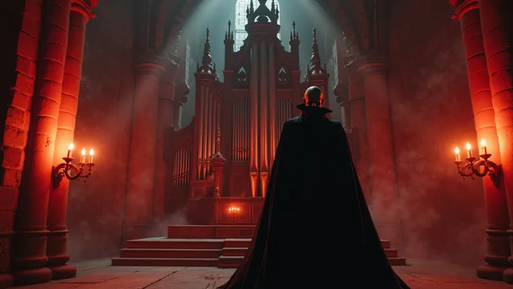 "A gothic ancient castle interior at night, illuminated by flickering candlelight, a menacing vampire count in a black cape standing before a massive pipe organ, shadows creeping across stone walls, dramatic red and black color palette, eerie fog swirling,...