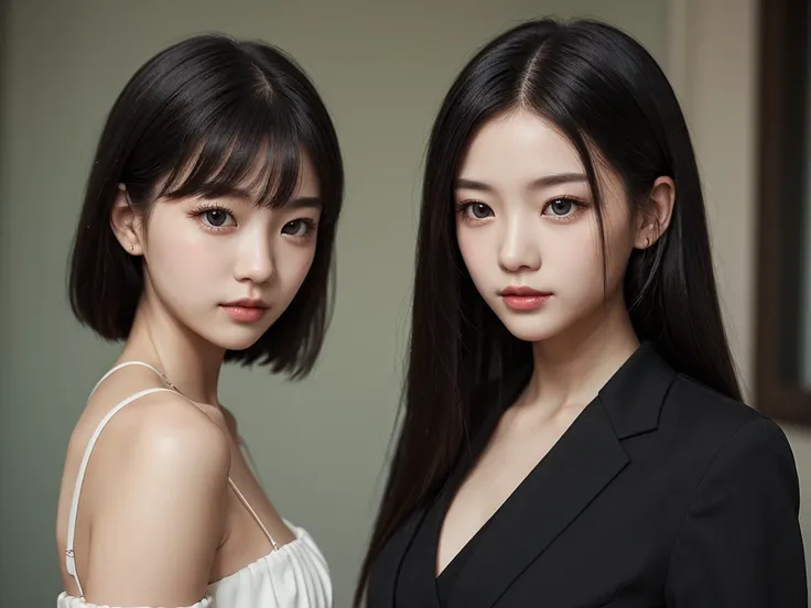 make a girl, Approximate age of 20 years,  long, smooth black hair , wearing dress clothes with their black colors, well-defined facial features