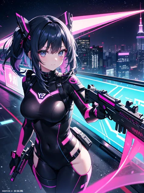 16～20-year-old female character。Carrying a weapon such as a handgun。She has long, silky black hair and black eyes.、style with clear body irregularities and her chest is about a G cup。Has piercings in both ears。She wears clothes with a design that combines ...