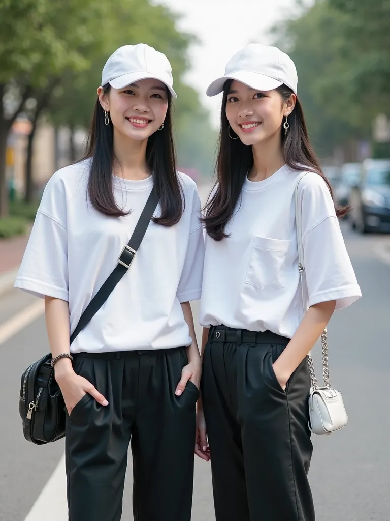 Generate an image of two beautiful Korean girls wearing Short sleeved white sweatshirt jersey model Black trousers with pockets on the sides.White baseball cap, hoop earrings, black sling bag with chain, and white and black sneakers.A white earphone box, l...