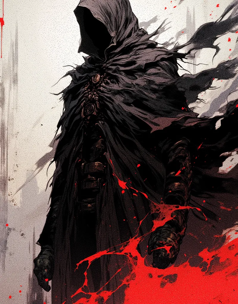 dark Shadow, Sketch, gritty, fine lines, fierce, torn cape, nistyle, monochrome with pastel red color, batman