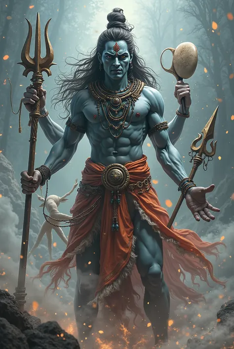 Lord siva with angry face while holding a trident, a damaru, a deerskin, or a club in png