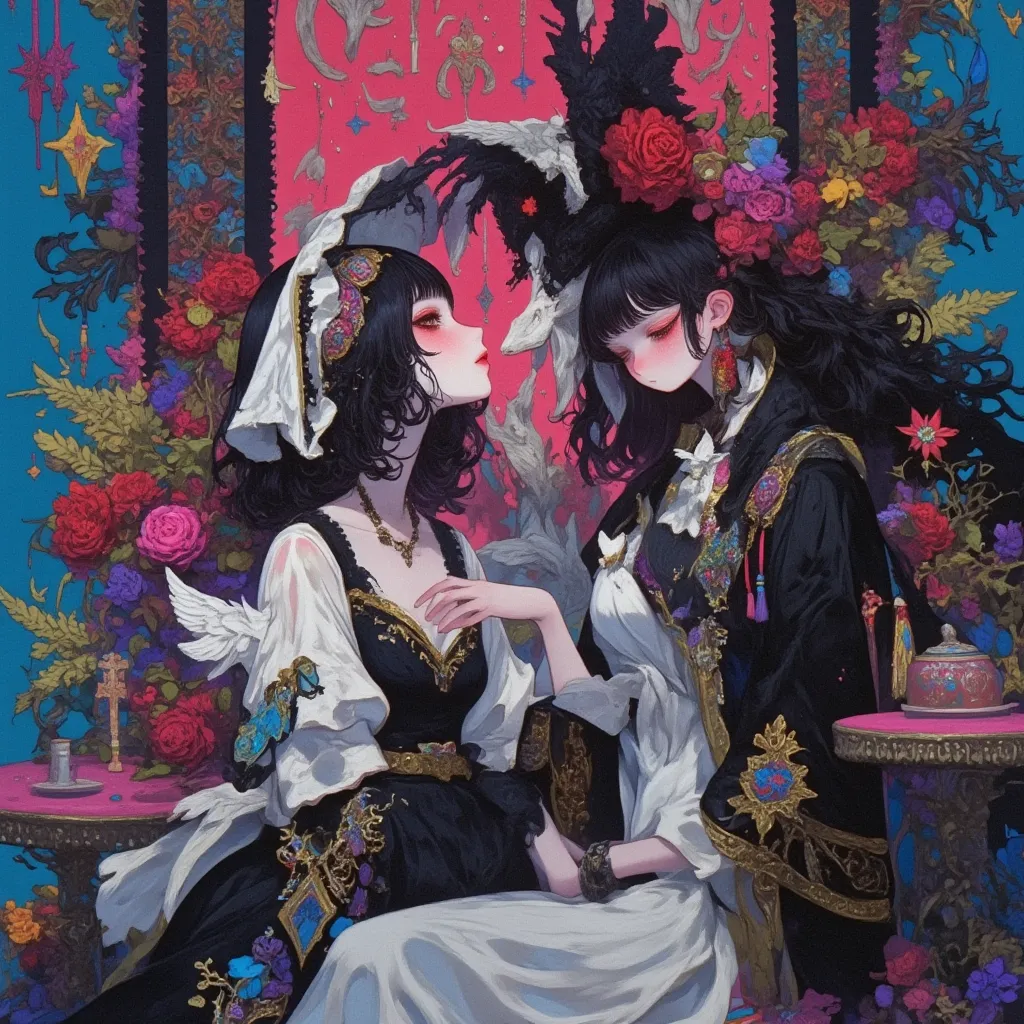 (masterpiece,top quality:1.2),two thin girls are talking,gazing each other face,one of the girl\(black short hair,her hair up,white maid headband,one red rose shaped hair accessory,open her eyes,sharp eyes,gazing another girl,black neck choker,only white c...