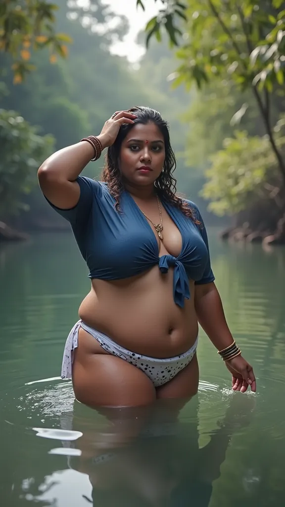  A plus size indian kerala beautiful woman bathing in river wearing a white petticoat tied above the breast and a white panties (blue dots on panties) . Thick and long leg ,, one hand put it on head  ,bangles on hand, breast exposed