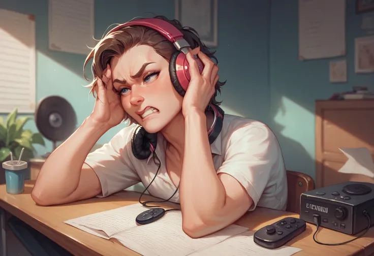 Headphones on a desk, next to a music player screen that shows the same song title repeated endlessly. A person in the background looks frustrated, covering their ears as if they’re sick of hearing the song they once loved.